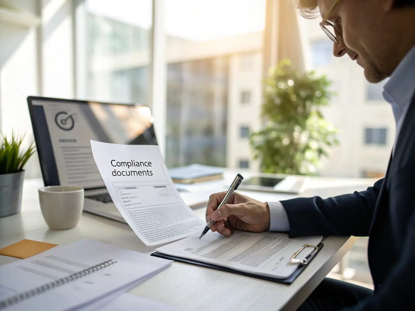 A professional photograph of a compliance officer reviewing documents on a computer screen, with a focus on the software interface displaying regulatory compliance data. The image should convey expertise and attention to detail.